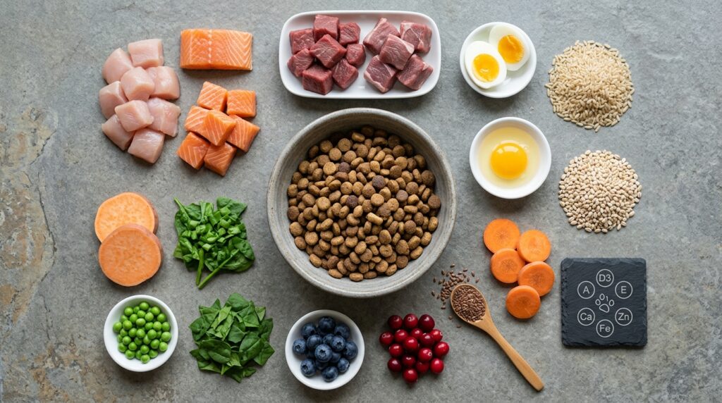 Dog food ingredients around kibble