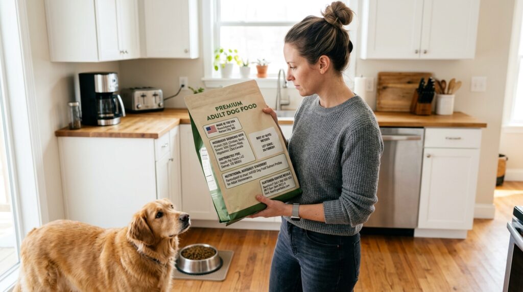 Dog owner examining food bag