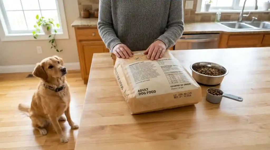 Dog owner examining food bag