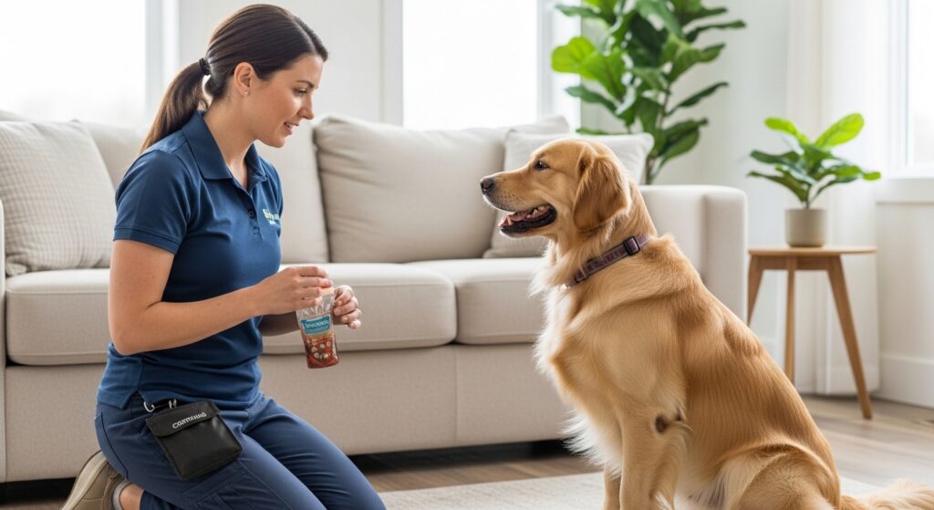 Prompt:
A calm, professional photograph of a certified dog trainer in a bright, neutral-toned living room working with a golden retriever. The trainer, a woman in her 30s, kneels at dog level with a treat pouch visible, using positive reinforcement. The dog is in a relaxed "sit" position, visibly calm and engaged. Natural window light. The atmosphere should feel hopeful and clinical-yet-warm — this represents the healing process. No harsh shadows. Photorealistic. 16:9 or 3:2 aspect ratio.