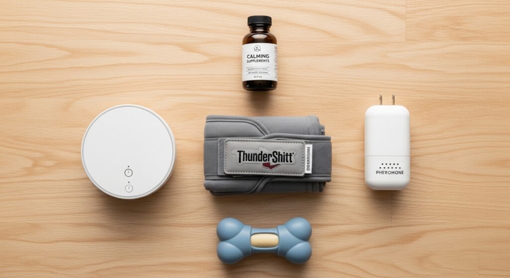 A flat lay product-style image on a light wooden surface showing calming dog products neatly arranged: a ThunderShirt anxiety wrap, a pheromone diffuser plug-in, a small bottle of calming supplements, a white noise machine, and a calming dog chew toy. Soft natural lighting, clean and minimal aesthetic, lifestyle product photography style for a pet blog.