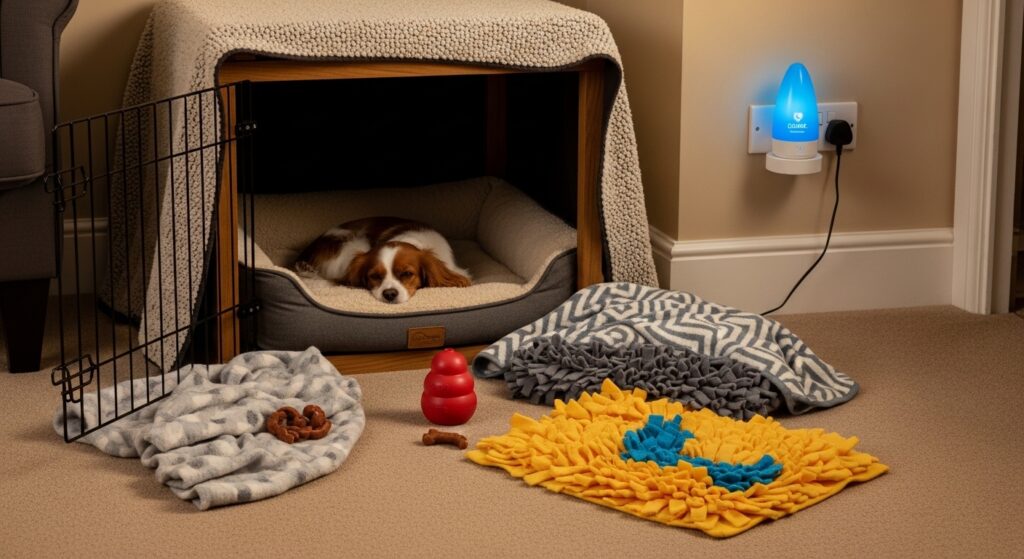 Prompt:
A cozy, inviting dog comfort corner photographed in a real home setting. A plush dog bed sits in a partially covered crate with the door open, surrounded by soft blankets, a Kong toy stuffed with treats, a snuffle mat, and a calming pheromone diffuser plugged into a nearby outlet. Warm interior lighting, slightly golden-hour atmosphere. A small dog (Cavalier or Spaniel type) is visible curled up on the bed, completely relaxed. The overall feel should be comforting and aspirational — this is what a well-prepared safe space looks like. Photorealistic, high resolution.