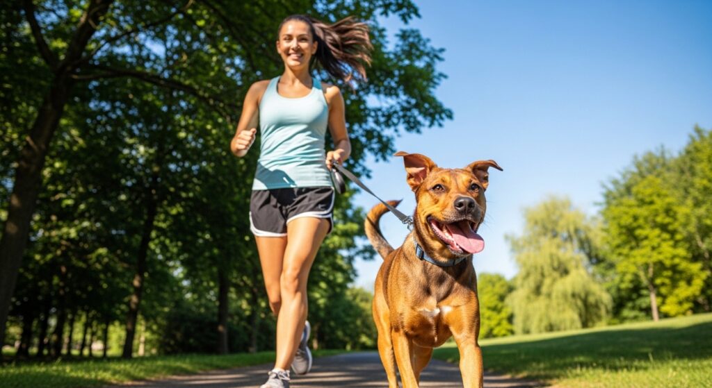 A happy, energetic dog owner jogging through a sunny park with their medium-sized brown dog on a leash. The dog is running enthusiastically with its tongue out, tail wagging. Background shows green trees and a clear blue sky. Bright, cheerful, natural daylight photography style. Lifestyle pet photography aesthetic.