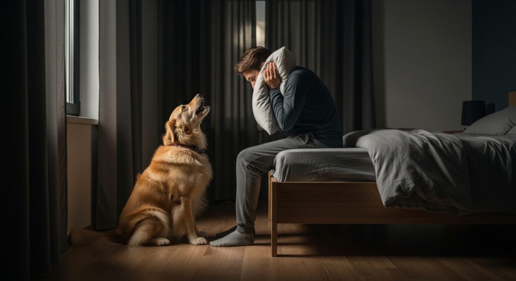 A tired, sleepy dog owner sitting on the edge of their bed at night, holding a pillow over their ears, while their fluffy golden dog sits on the floor beside the bed barking at a dark window. The room is dimly lit with soft moonlight coming through curtains. Warm, relatable, slightly humorous tone. Photorealistic style, cinematic lighting, shallow depth of field.