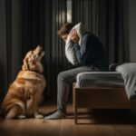 A tired, sleepy dog owner sitting on the edge of their bed at night, holding a pillow over their ears, while their fluffy golden dog sits on the floor beside the bed barking at a dark window. The room is dimly lit with soft moonlight coming through curtains. Warm, relatable, slightly humorous tone. Photorealistic style, cinematic lighting, shallow depth of field.