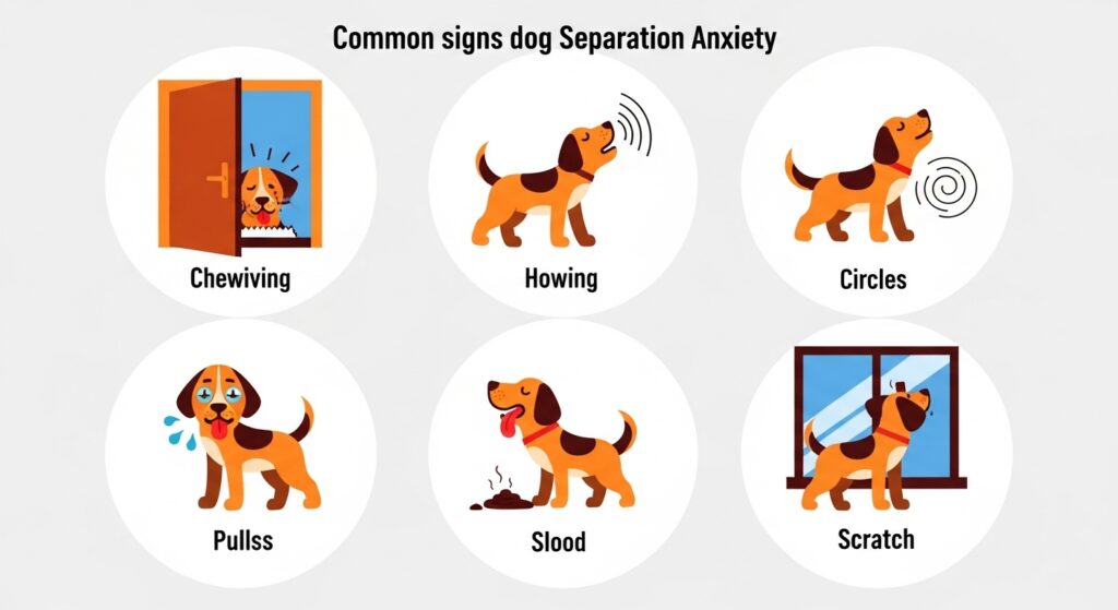 An infographic-style flat illustration showing six common signs of dog separation anxiety arranged in a clean circular or grid layout. Each panel includes a simple, friendly dog illustration demonstrating: (1) a dog chewing a door frame, (2) a dog howling with sound waves visible, (3) a dog pacing in circles, (4) a dog with dilated pupils and panting expression, (5) a dog with a soiled floor nearby, (6) a dog scratching at a window. Icons should be bold and colorful on a white or light grey background. Modern, veterinary-educational style. High resolution, 1:1 or 4:3 ratio.