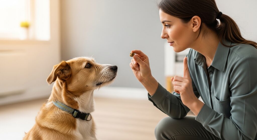 A patient dog trainer kneeling down at eye level with a medium-sized dog indoors. The trainer holds a treat close to the dog's nose with one finger raised in a "shush" or "wait" gesture. The dog is alert and focused. Warm indoor lighting, clean minimal background. Photorealistic, positive reinforcement training aesthetic.