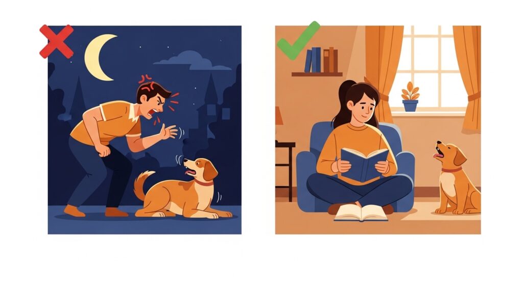 A split-image illustration showing two contrasting scenarios side by side. On the left (marked with a red X): an angry owner yelling at a scared, cowering dog at night. On the right (marked with a green checkmark): a calm owner sitting quietly and ignoring a barking dog while reading a book. Clean editorial illustration style, warm color palette, clear visual contrast between wrong and right approaches.