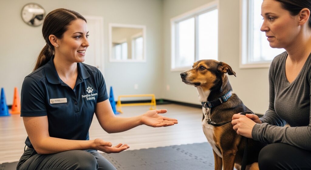 A professional certified dog trainer in a training facility working calmly with a dog owner and their anxious-looking dog. The trainer is gesturing and explaining something while the dog sits attentively. Bright, clean indoor setting. Photorealistic, professional and trustworthy aesthetic. Warm tones, positive and reassuring mood.