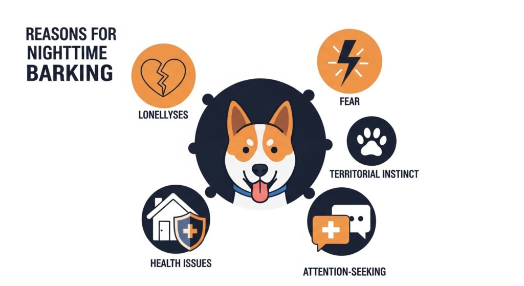 An illustrated infographic-style image showing a dog in the center surrounded by 6 labeled icons representing reasons for nighttime barking: a broken heart (loneliness), a lightning bolt (fear), a paw print (boredom), a house with a shield (territorial instinct), a medical cross (health issues), and a speech bubble (attention-seeking). Clean, modern flat design with a dark navy blue and warm amber color palette. Suitable for a pet care blog.