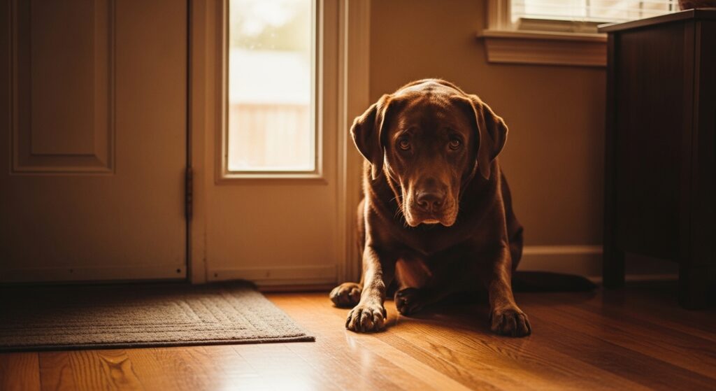 A warm, cinematic photograph of a medium-sized brown Labrador Retriever sitting alone beside a closed front door, head slightly drooped, ears low, eyes soft and melancholy. Morning light streams through a nearby window onto hardwood floors. The scene is quiet and emotionally evocative — no people visible, just the dog waiting. The color palette is warm amber and honey tones with gentle shadows. Shot at dog eye level for emotional connection. Photorealistic, high resolution, 16:9 aspect ratio. No text overlay.