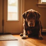 A warm, cinematic photograph of a medium-sized brown Labrador Retriever sitting alone beside a closed front door, head slightly drooped, ears low, eyes soft and melancholy. Morning light streams through a nearby window onto hardwood floors. The scene is quiet and emotionally evocative — no people visible, just the dog waiting. The color palette is warm amber and honey tones with gentle shadows. Shot at dog eye level for emotional connection. Photorealistic, high resolution, 16:9 aspect ratio. No text overlay.
