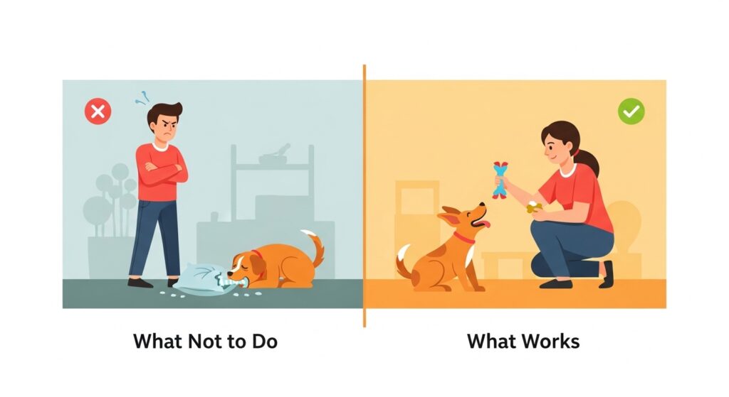 A horizontal split-panel illustration in a clean, editorial flat-design style. Left panel (labeled "What Not to Do"): Muted, slightly desaturated color palette — shows a frustrated human standing over a chewed pillow with arms crossed, while a dog cowers with flattened ears and a tucked tail. A subtle red X icon in the upper corner. Right panel (labeled "What Works"): Bright, warm, saturated colors — shows a calm person crouching to the dog's level, offering a colorful chew toy in one hand and a treat in the other. Dog has perked ears, open mouth, and a wagging tail. A subtle green checkmark in the upper corner. The dividing line between panels is a thin vertical amber stroke. Style: modern editorial illustration, clean flat icon style, no harsh outlines, soft rounded shapes, friendly and professional. No clutter.