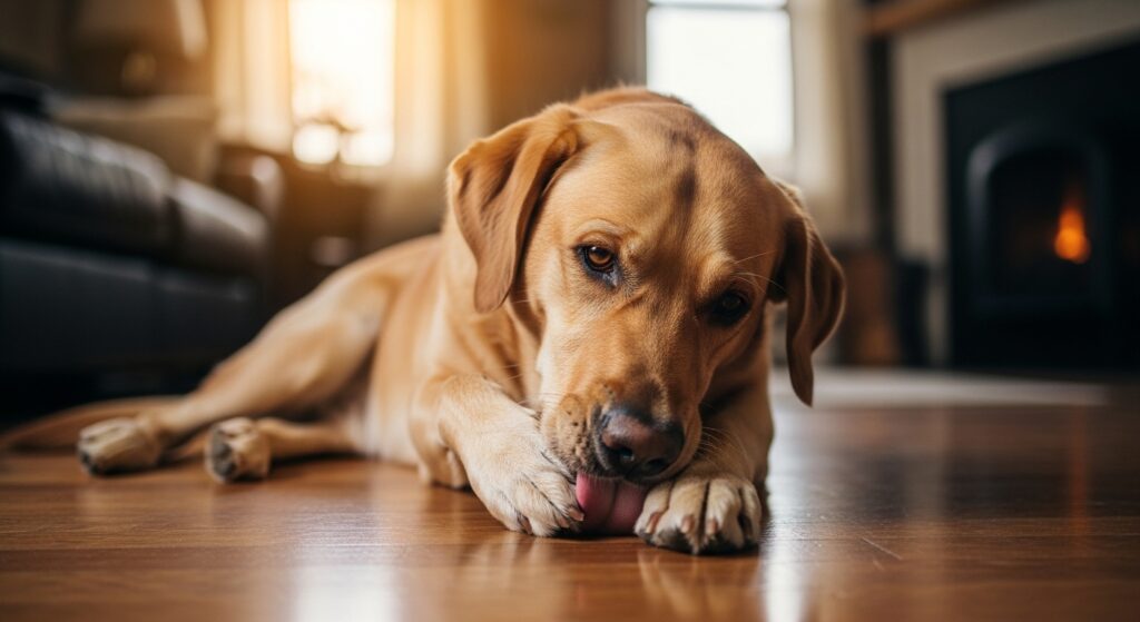 Dog Licking Paw in Home Environment