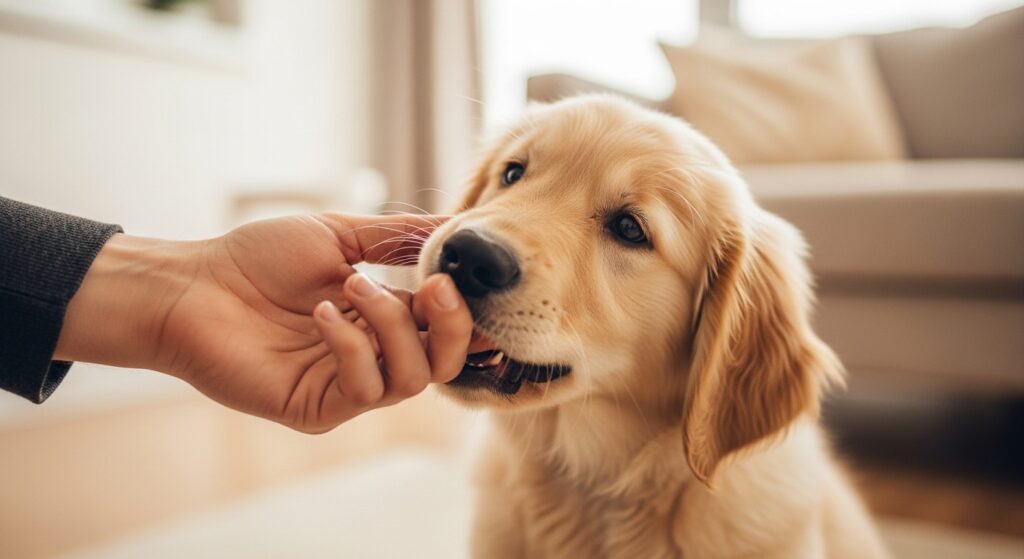 Golden Retriever puppy mouthing a person's hand during play