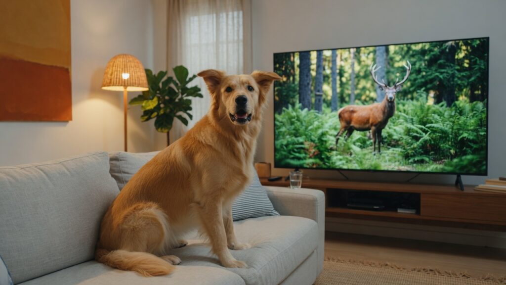 Golden retriever barking at deer on TV in living room