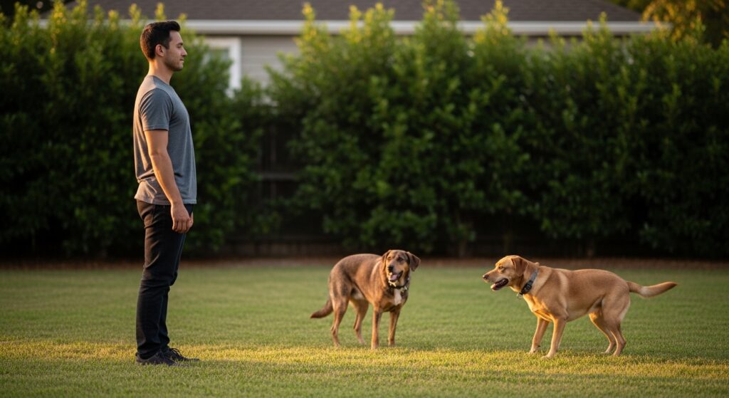 
A photorealistic image of a calm dog owner (male, 30s, casual clothing) standing sideways — not facing the dog directly — with a calm, neutral body posture and arms relaxed at their sides. A medium-sized dog (Labrador mix) is a few feet away in a slightly tense posture. The setting is a residential backyard, golden hour light. The image should visually communicate "calm, non-confrontational de-escalation." No eye contact between human and dog. Mood: tense situation being handled safely and calmly.