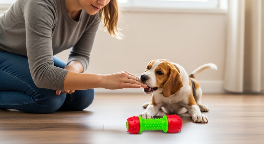 Owner redirecting a puppy from biting her hand to a chew toy during training