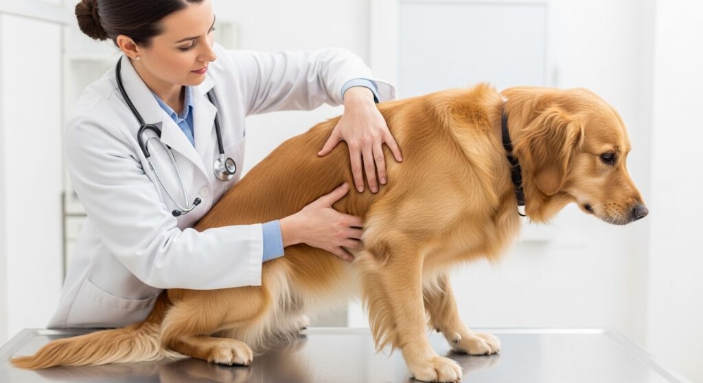 A photorealistic image of a veterinarian (female, professional, wearing a white coat) gently examining a golden retriever on a stainless steel exam table. The dog looks slightly uncomfortable, leaning away slightly, while the vet uses both hands to palpate the dog's back and hip area. Bright, clean clinical lighting. The image should communicate the concept of pain assessment and the importance of a vet visit when behavioral changes occur. Clean, professional composition with a sense of care and expertise.