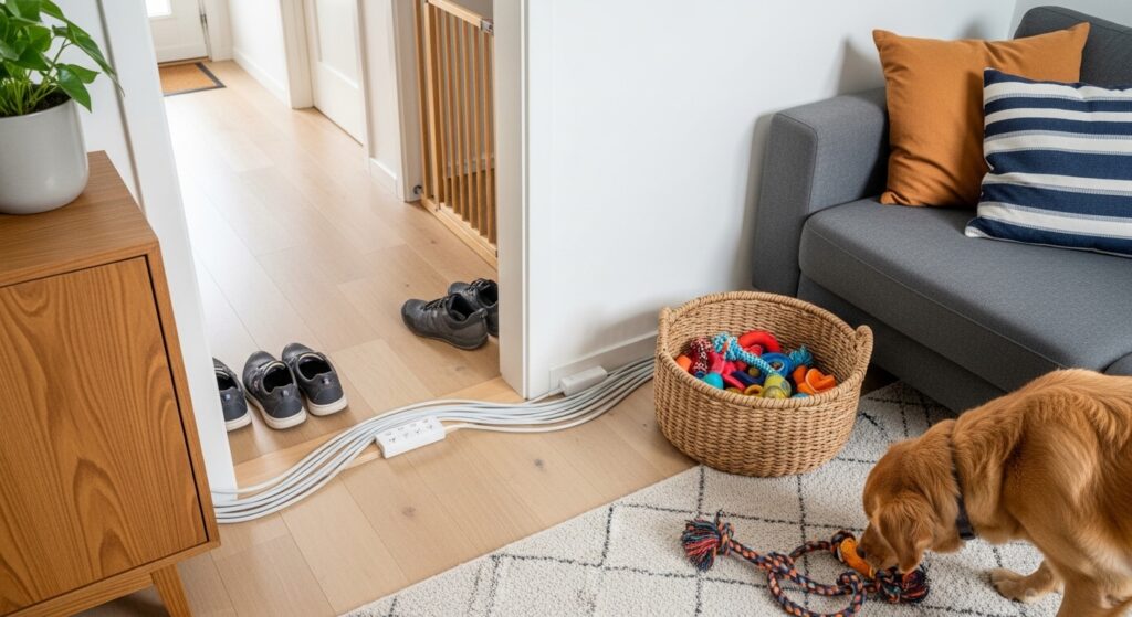 A well-organized, modern living room photographed in clean natural daylight. The scene shows clear dog-proofing: electrical cords neatly bundled in white cord covers along the baseboard, a wicker basket near the sofa filled with colorful chew toys and rope toys, a low baby gate visible in the background hallway, and no visible shoes or personal items within a dog's reach. The space feels warm, inviting, and dog-friendly. A medium-sized golden dog (partially in frame at lower right) sniffs contentedly at a toy from the basket. Style: bright interior editorial photography, Scandinavian minimalist aesthetic with warm wood accents. Overhead or slightly elevated angle to show room organization. 4K quality, no text overlays.