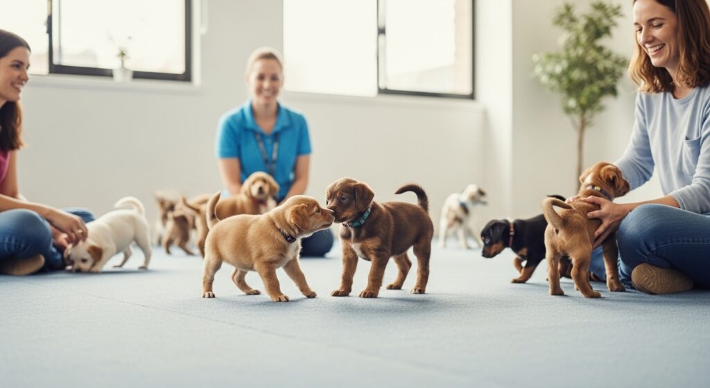 Puppies socializing in a professional puppy training class