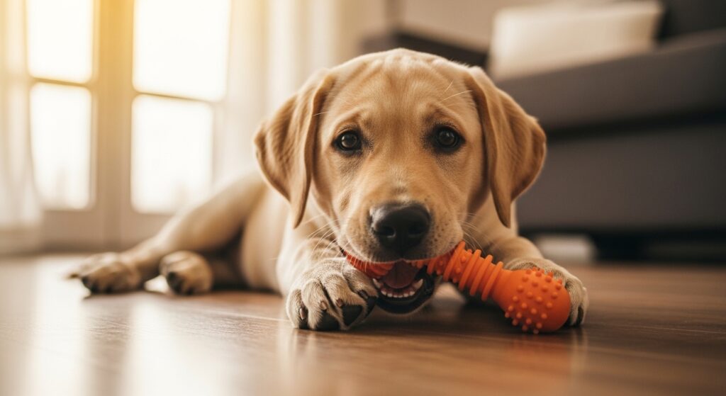 A close-up, warm-toned lifestyle photograph of a 4-month-old Labrador Retriever puppy lying on a wooden floor, actively chewing on a bright orange rubber chew toy. The puppy's small milk teeth are partially visible. Soft afternoon sunlight streams through a window, casting gentle golden highlights. The background is a blurred, cozy living room interior. The mood is playful and wholesome. Camera angle: low-angle eye-level with the puppy. Style: authentic lifestyle pet photography, not staged or commercial. Color palette: warm ambers, natural wood tones, creamy whites. No text overlays. Ultra-realistic, 4K quality, natural bokeh depth of field.