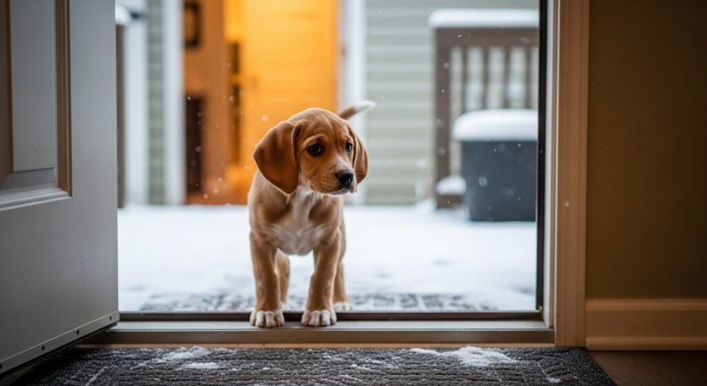 Puppy hesitating at the back door in cold winter weather, reluctant to step outside.