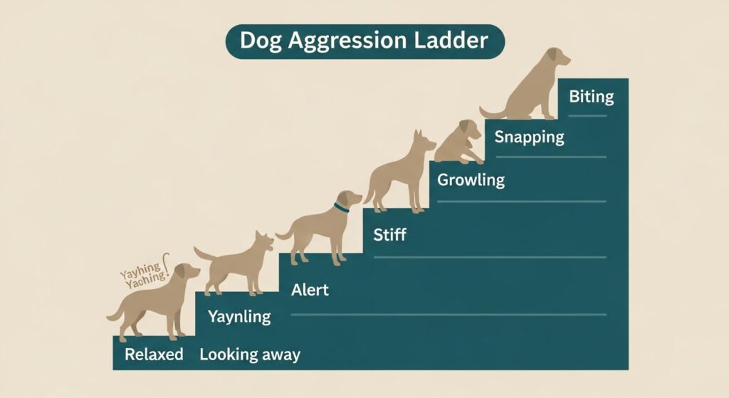 A clean, flat-lay style educational infographic illustration — not a photograph — showing the "Dog Aggression Ladder" as a visual diagram. Illustrated dog silhouettes alongside each rung of the ladder, going from relaxed at the bottom (yawning, looking away) to alert, stiff, growling, snapping, and biting at the top. Use a calm beige and deep teal color palette with clear white labels for each stage. The style should be modern, minimal, and suitable for a pet care blog. The infographic should feel authoritative but approachable.
