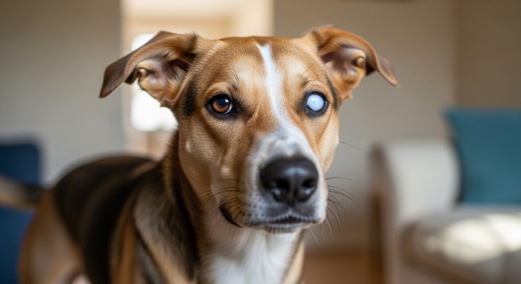 A close-up, photorealistic image of a medium-sized mixed-breed dog showing early warning signs of stress — whale eye (whites of the eyes visible), slightly stiffened body, ears pinned back, lips barely pulled forward, in a softly lit living room environment. The dog is not in full aggression mode; the image should capture the subtle, pre-aggression body language that many owners miss. Natural indoor lighting, warm tones, shallow depth of field with the dog's face in sharp focus. Mood: tense but controlled, educational in tone.