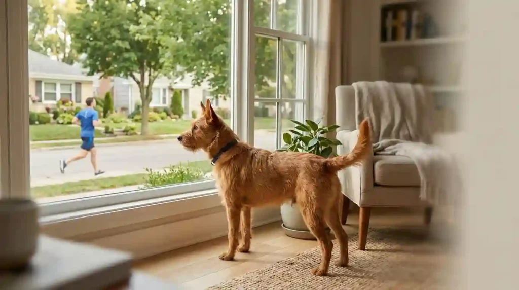 Dog barking at people jogging past the house