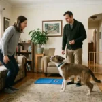 dog barks when someone stands up