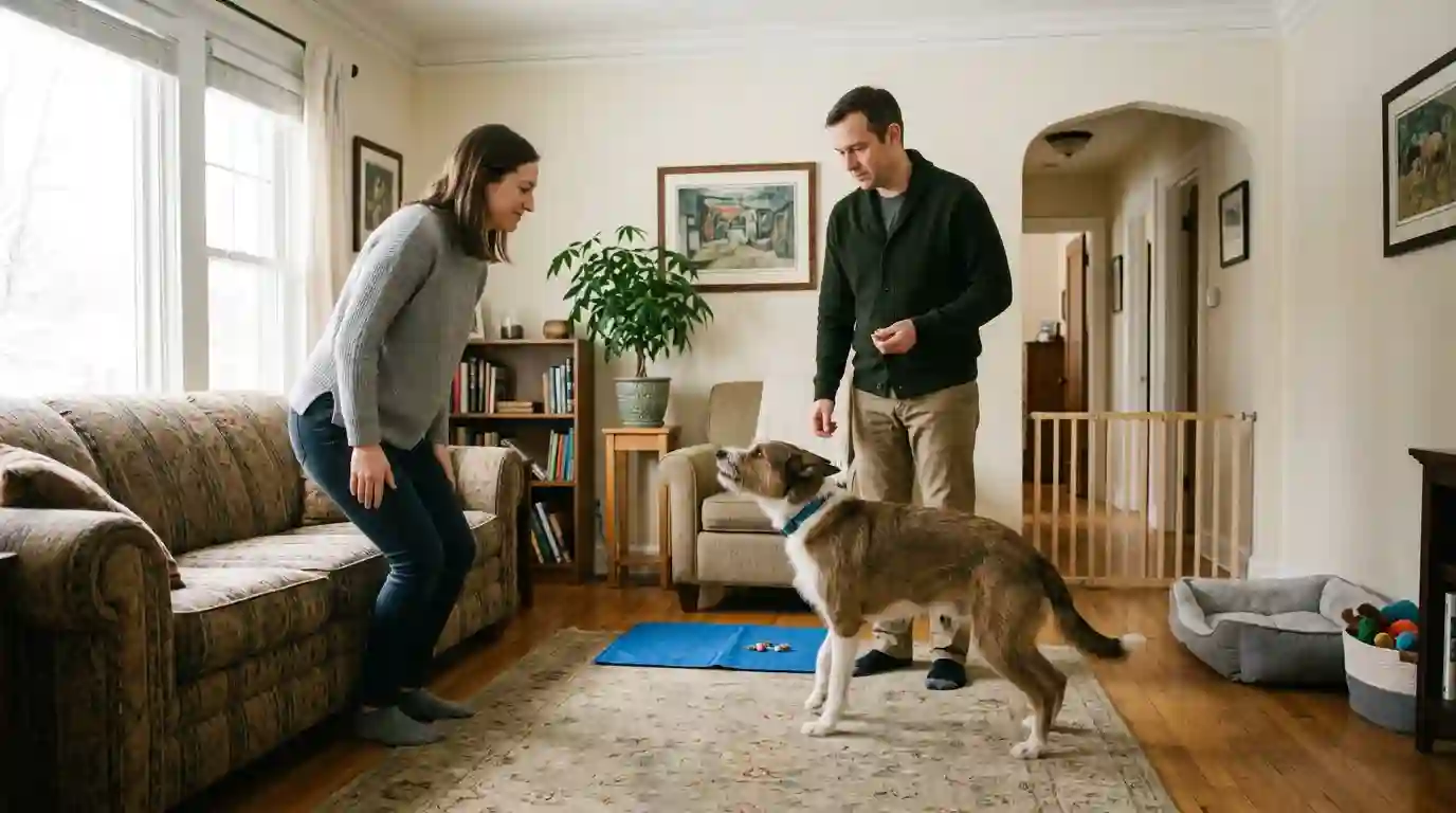 dog barks when someone stands up